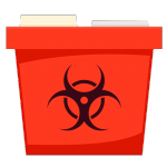 A red medical waste disposal container